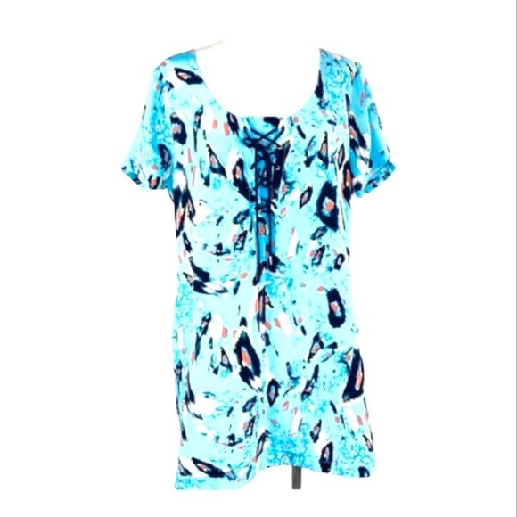 Rebecca Minkoff Shirt Dress 100% Silk Mojabe Blue Shift Lace-Up Scoop Neck Sz L - Picture 8 of 8